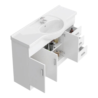 Nuie Mayford 1200 x 330mm Floor Standing Vanity Unit With 3 Doors, 3 Drawers & Ceramic Basin - Gloss White
