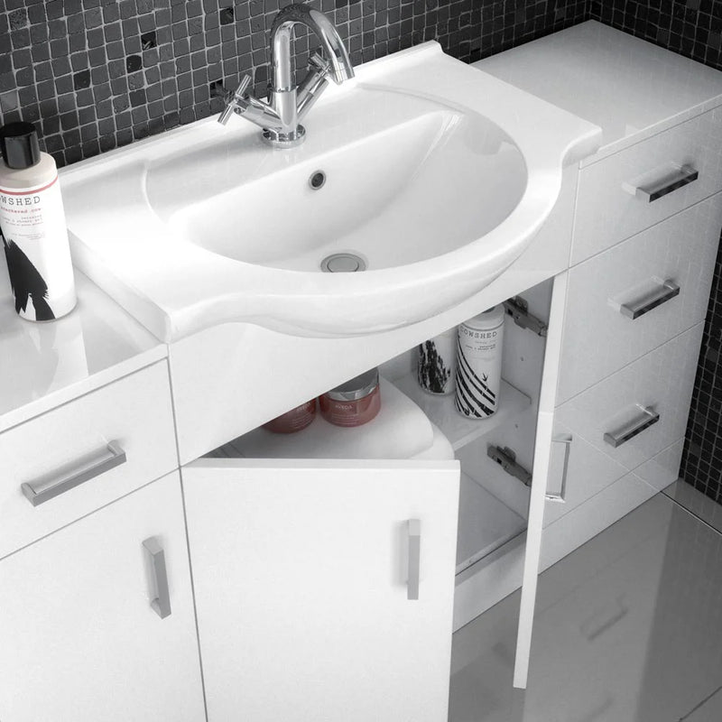 Nuie Mayford 850 x 330mm Floor Standing Vanity Unit With 3 Doors, 2 Drawers & Ceramic Basin - Gloss White