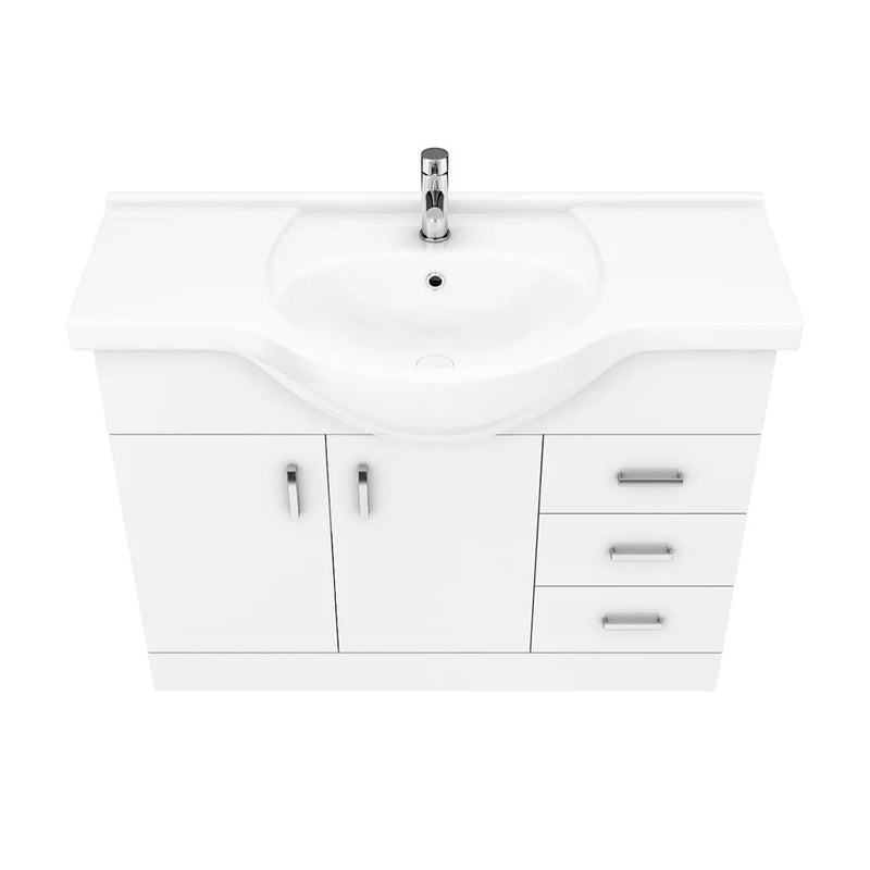 Nuie Mayford 1050 x 330mm Floor Standing Vanity Unit With 2 Doors, 3 Drawers & Ceramic Basin - Gloss White