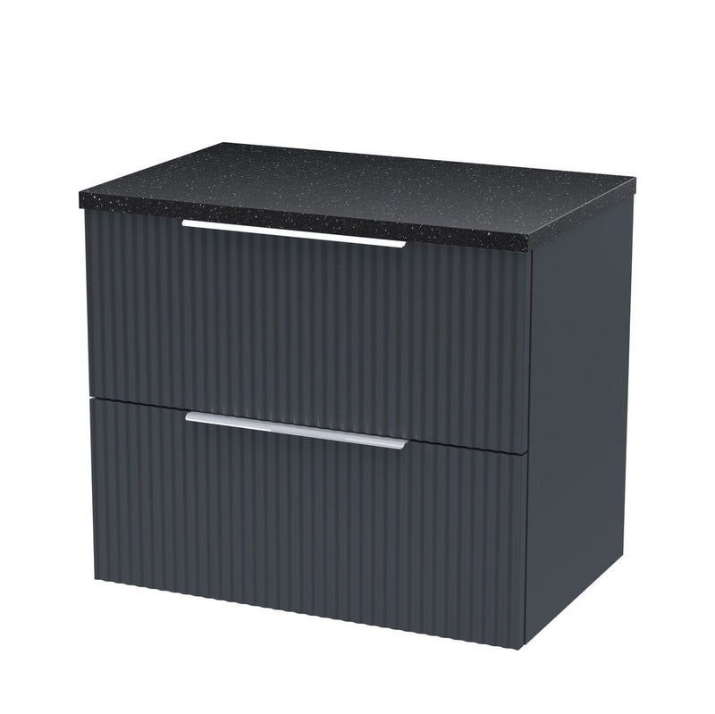 Hudson Reed Fluted Wall Hung 600mm Vanity Unit With 2 Drawers & Worktop - Satin Anthracite & Black Sparkle Worktop