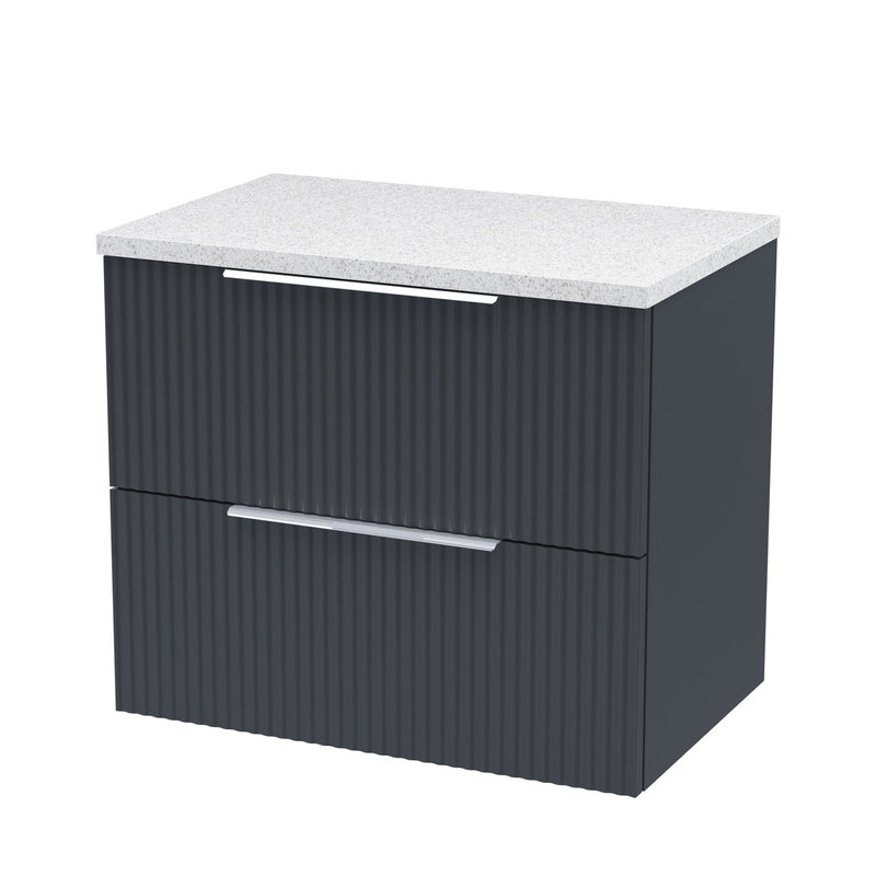 Hudson Reed Fluted Wall Hung 600mm Vanity Unit With 2 Drawers & Worktop - Satin Anthracite & White Sparkle Worktop