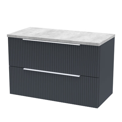 Hudson Reed Fluted Wall Hung 800mm Vanity Unit With 2 Drawers & Worktop - Satin Anthracite & Bellato Grey Worktop