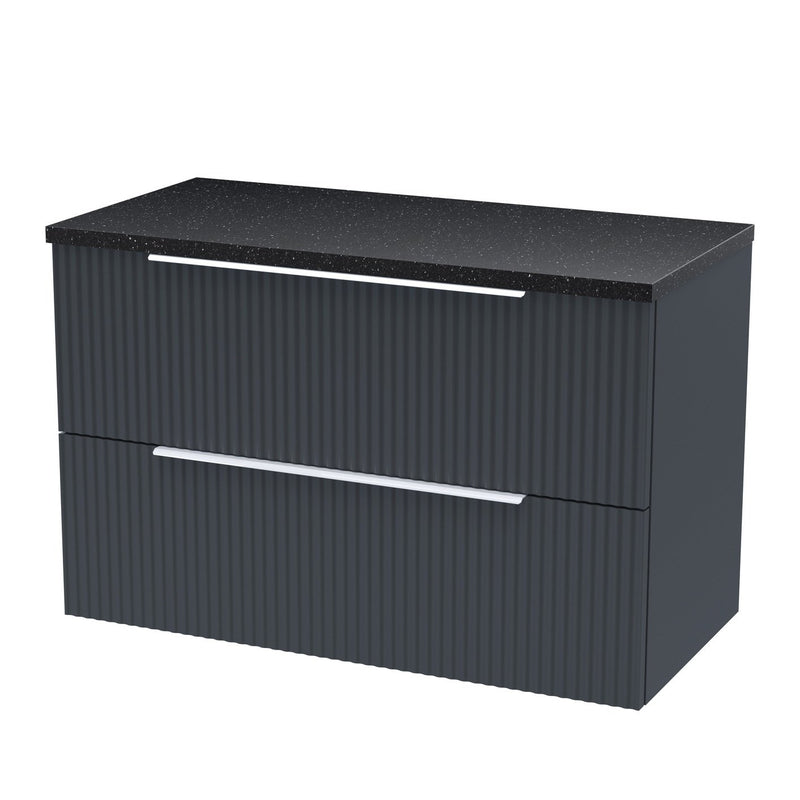 Hudson Reed Fluted Wall Hung 800mm Vanity Unit With 2 Drawers & Worktop - Satin Anthracite & Black Sparkle Worktop