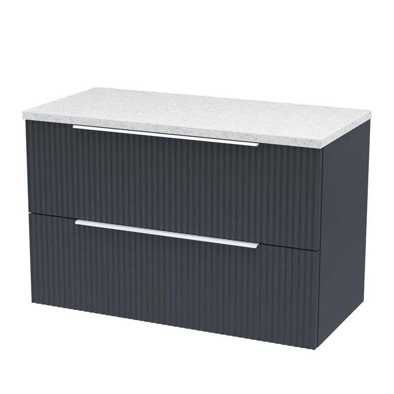 Hudson Reed Fluted Wall Hung 800mm Vanity Unit With 2 Drawers & Worktop - Satin Anthracite & White Sparkle Worktop