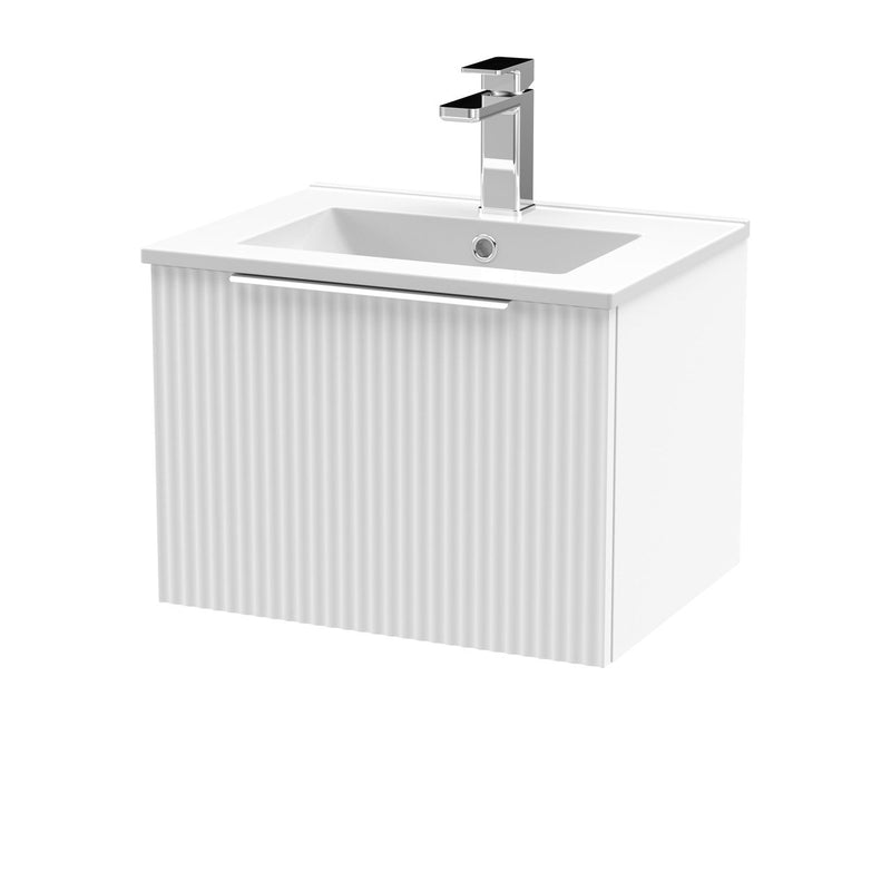 Hudson Reed Fluted Wall Hung 500mm Vanity Unit With 1 Drawer & Minimalist Ceramic Basin - Satin White