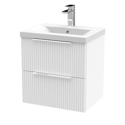 Hudson Reed Fluted Wall Hung 500mm Vanity Unit With 2 Drawers & Mid Edge Ceramic Basin - Satin White