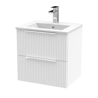 Hudson Reed Fluted Wall Hung 500mm Vanity Unit With 2 Drawers & Minimalist Ceramic Basin - Satin White