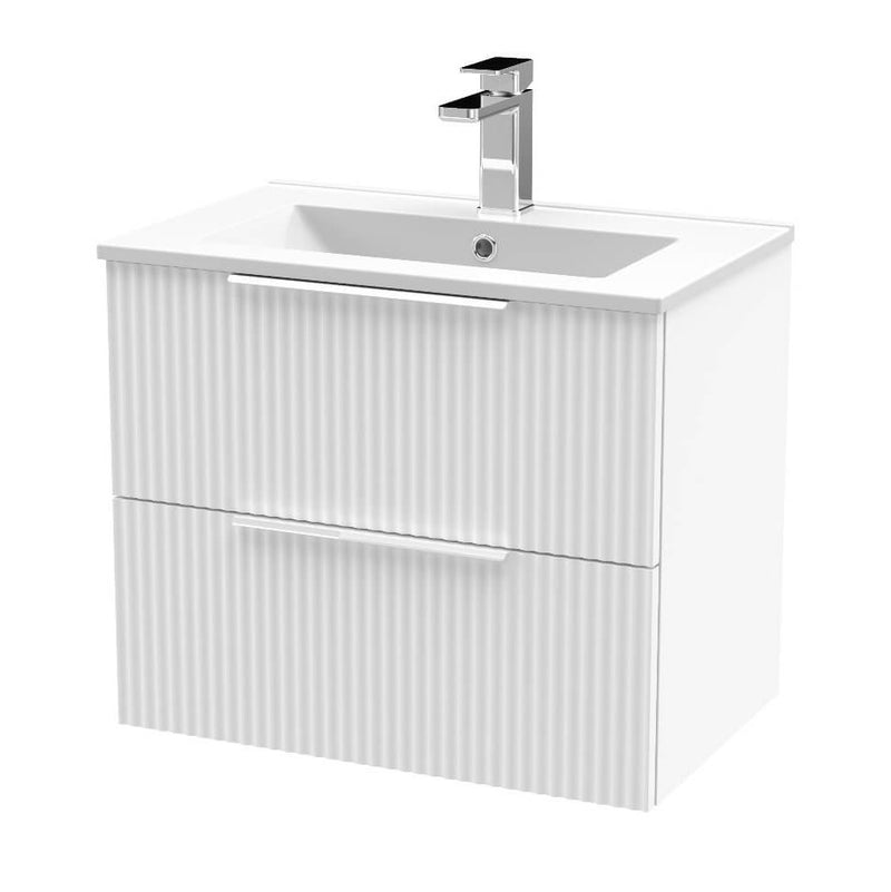 Hudson Reed Fluted Wall Hung 600mm Vanity Unit With 2 Drawers & Minimalist Ceramic Basin - Satin White