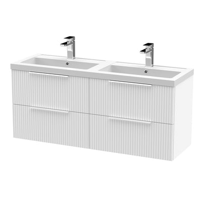 Hudson Reed Fluted Wall Hung 1200mm Vanity Unit With 4 Drawers & Twin Polymarble Basin - Satin White