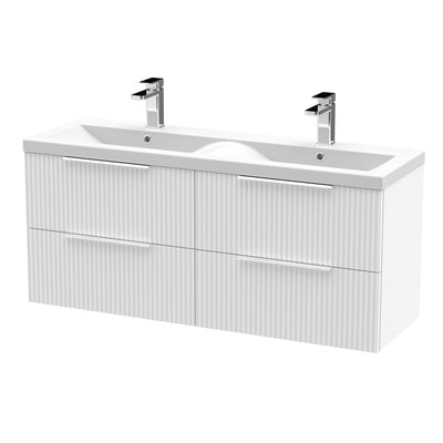 Hudson Reed Fluted Wall Hung 1200mm Vanity Unit With 4 Drawers & Twin Ceramic Basin - Satin White