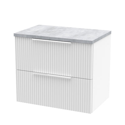 Hudson Reed Fluted Wall Hung 600mm Vanity Unit With 2 Drawers & Worktop - Satin White & Bellato Grey Worktop