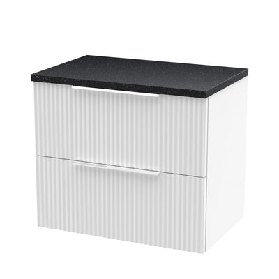 Hudson Reed Fluted Wall Hung 600mm Vanity Unit With 2 Drawers & Worktop - Satin White & Black Sparkle Worktop