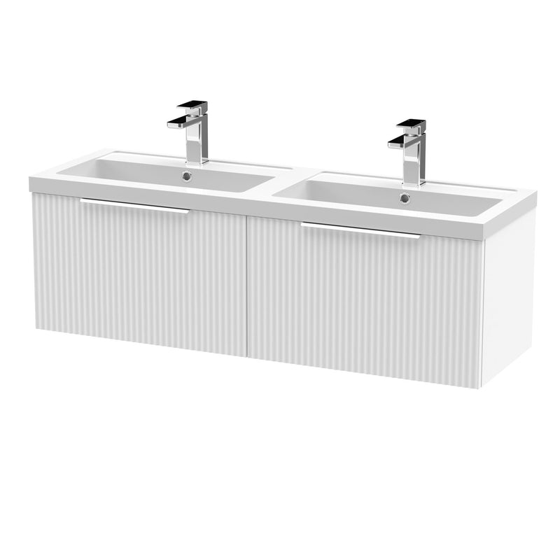 Hudson Reed Fluted Wall Hung 1200mm Vanity Unit With 2 Drawers & Twin Polymarble Basin - Satin White