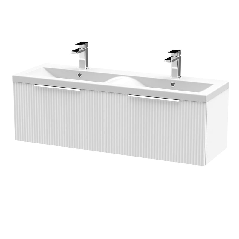 Hudson Reed Fluted Wall Hung 1200mm Vanity Unit With 2 Drawers & Twin Ceramic Basin - Satin White