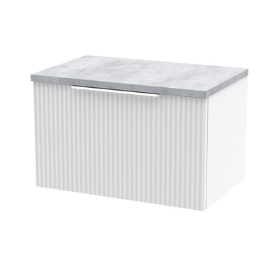 Hudson Reed Fluted Wall Hung 600mm Vanity Unit With 1 Drawer & Worktop - Satin White & Bellato Grey Worktop