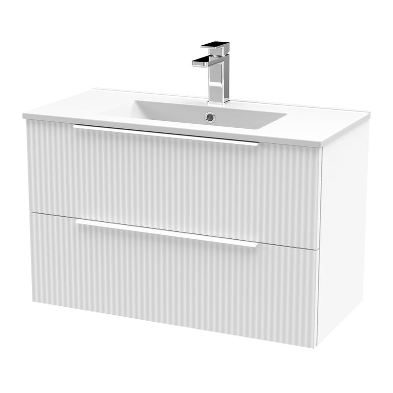 Hudson Reed Fluted Wall Hung 800mm Vanity Unit With 2 Drawers & Minimalist Ceramic Basin - Satin White