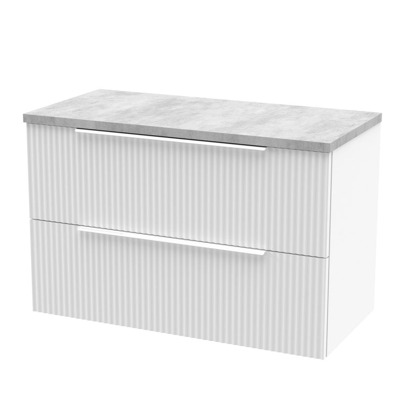 Hudson Reed Fluted Wall Hung 800mm Vanity Unit With 2 Drawers & Worktop - Satin White & Bellato Grey Worktop