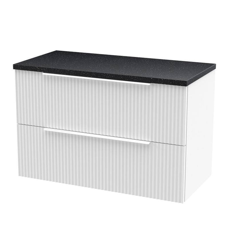 Hudson Reed Fluted Wall Hung 800mm Vanity Unit With 2 Drawers & Worktop - Satin White & Black Sparkle Worktop