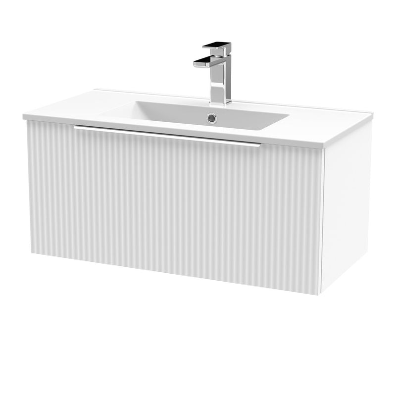 Hudson Reed Fluted Wall Hung 800mm Vanity Unit With 1 Drawer & Minimalist Ceramic Basin - Satin White
