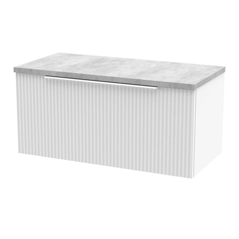 Hudson Reed Fluted Wall Hung 800mm Vanity Unit With 1 Drawer & Worktop - Satin White & Bellato Grey Worktop