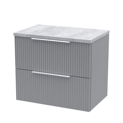Hudson Reed Fluted Wall Hung 600mm Vanity Unit With 2 Drawers & Worktop - Satin Grey & Bellato Grey Worktop