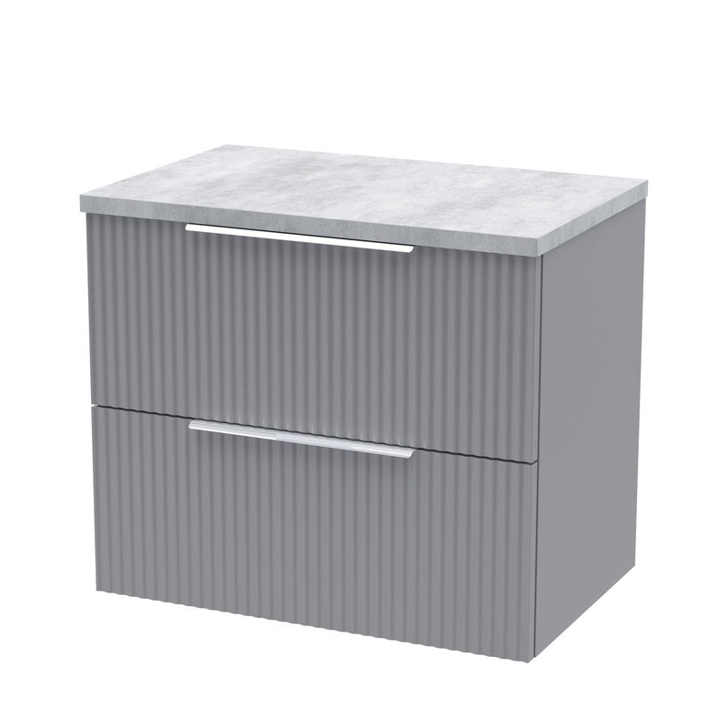 Hudson Reed Fluted Wall Hung 600mm Vanity Unit With 2 Drawers & Worktop - Satin Grey & Bellato Grey Worktop
