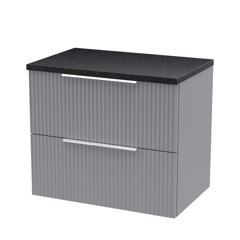Hudson Reed Fluted Wall Hung 600mm Vanity Unit With 2 Drawers & Worktop - Satin Grey & Black Sparkle Worktop