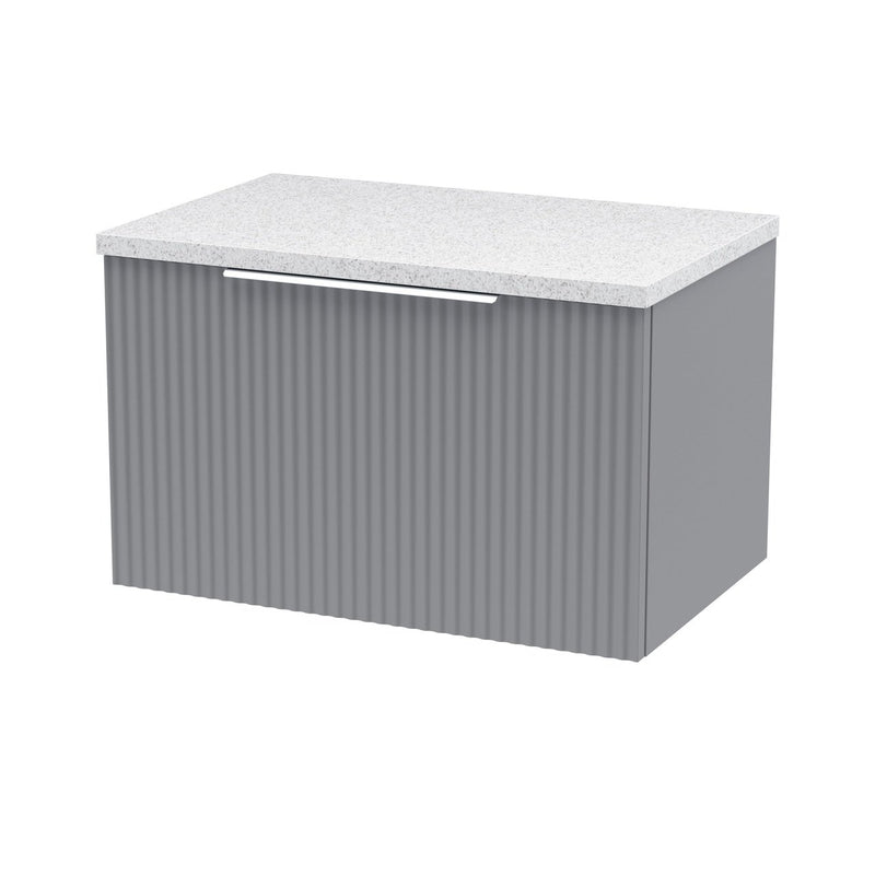 Hudson Reed Fluted Wall Hung 600mm Vanity Unit With 1 Drawer & Worktop - Satin Grey & White Sparkle Worktop