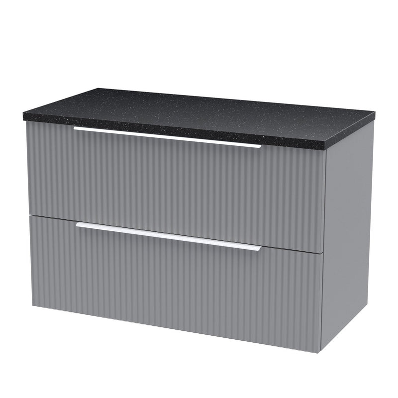 Hudson Reed Fluted Wall Hung 800mm Vanity Unit With 2 Drawers & Worktop - Satin Grey & Black Sparkle Worktop