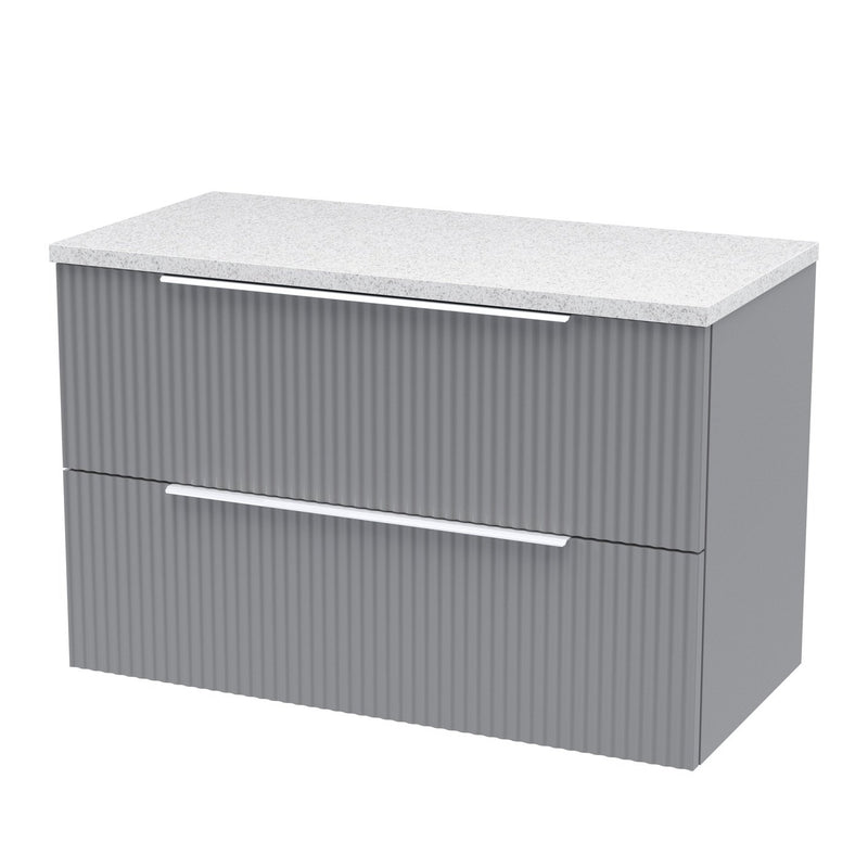 Hudson Reed Fluted Wall Hung 800mm Vanity Unit With 2 Drawers & Worktop - Satin Grey & White Sparkle Worktop