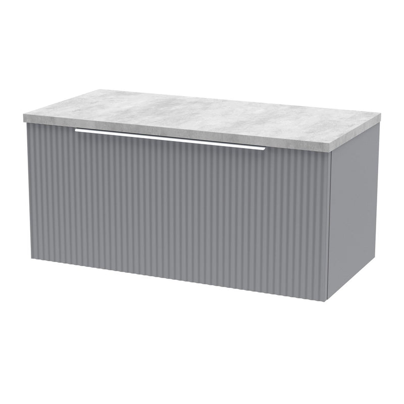 Hudson Reed Fluted Wall Hung 800mm Vanity Unit With 1 Drawer & Worktop - Satin Grey & Bellato Grey Worktop