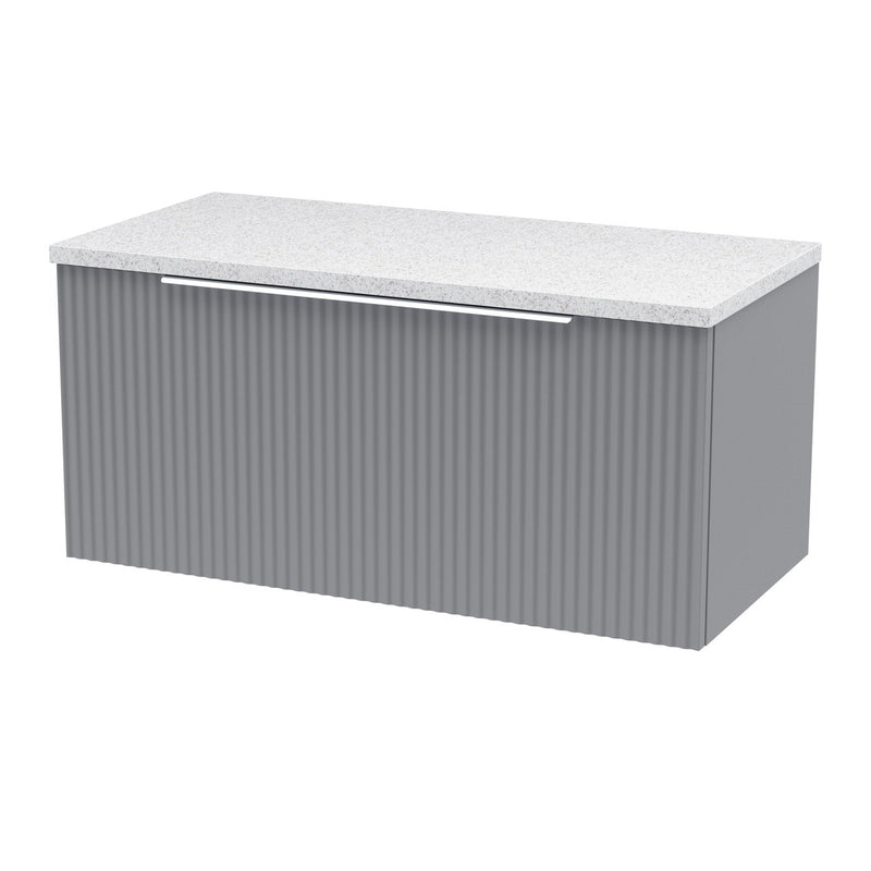 Hudson Reed Fluted Wall Hung 800mm Vanity Unit With 1 Drawer & Worktop - Satin Grey & White Sparkle Worktop