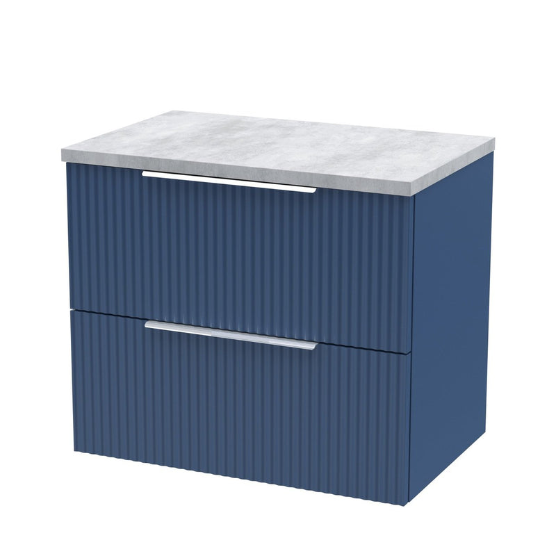 Hudson Reed Fluted Wall Hung 600mm Vanity Unit With 2 Drawers & Worktop - Satin Blue & Bellato Grey Worktop