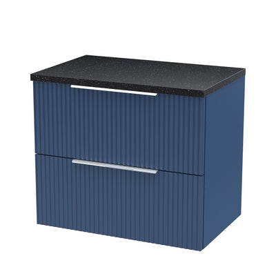 Hudson Reed Fluted Wall Hung 600mm Vanity Unit With 2 Drawers & Worktop - Satin Blue & Black Sparkle Worktop