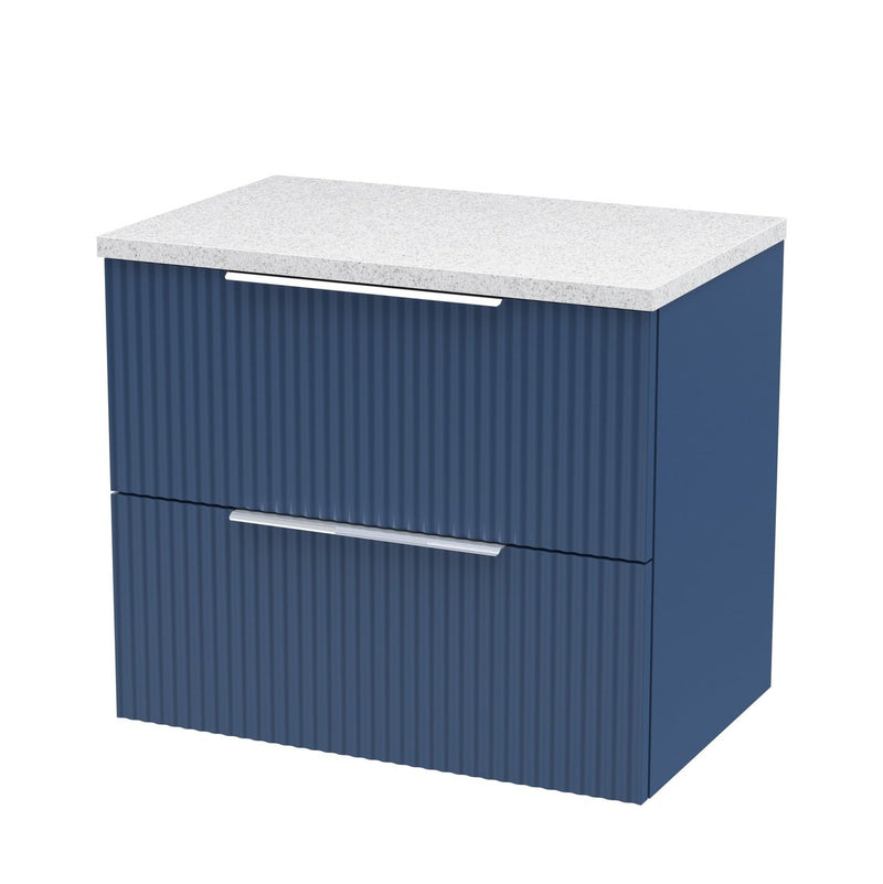 Hudson Reed Fluted Wall Hung 600mm Vanity Unit With 2 Drawers & Worktop - Satin Blue & White Sparkle Worktop