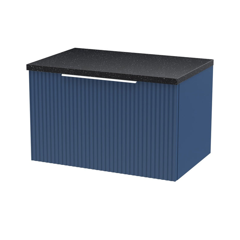 Hudson Reed Fluted Wall Hung 600mm Vanity Unit With 1 Drawer & Worktop - Satin Blue & Black Sparkle Worktop