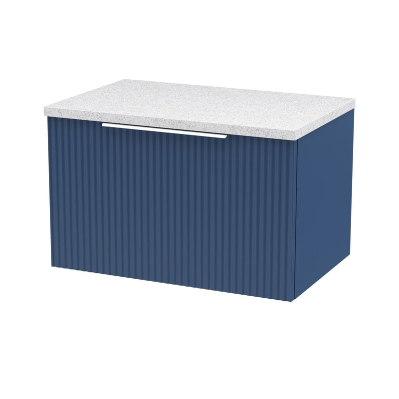 Hudson Reed Fluted Wall Hung 600mm Vanity Unit With 1 Drawer & Worktop - Satin Blue & White Sparkle Worktop