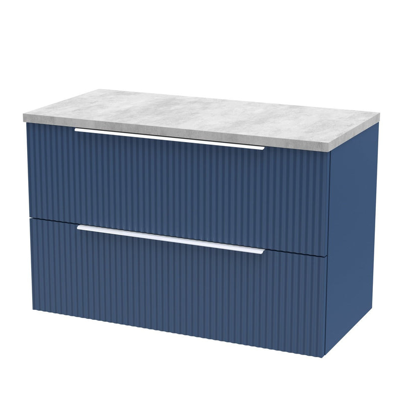Hudson Reed Fluted Wall Hung 800mm Vanity Unit With 2 Drawers & Worktop - Satin Blue & Bellato Grey Worktop