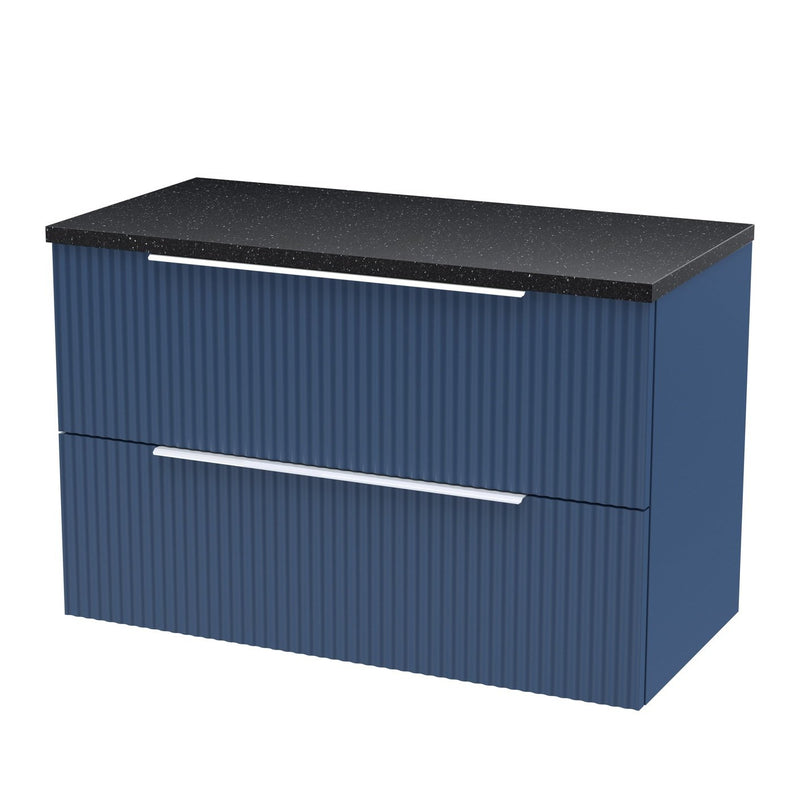 Hudson Reed Fluted Wall Hung 800mm Vanity Unit With 2 Drawers & Worktop - Satin Blue & Black Sparkle Worktop