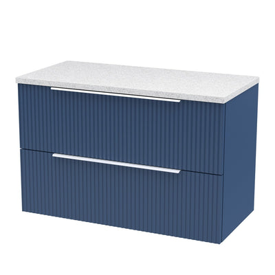 Hudson Reed Fluted Wall Hung 800mm Vanity Unit With 2 Drawers & Worktop - Satin Blue & White Sparkle Worktop