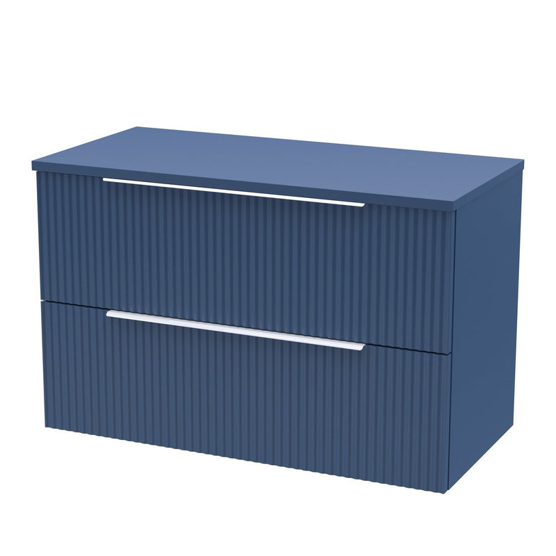 Hudson Reed Fluted Wall Hung 800mm Vanity Unit With 2 Drawers & Worktop - Satin Blue