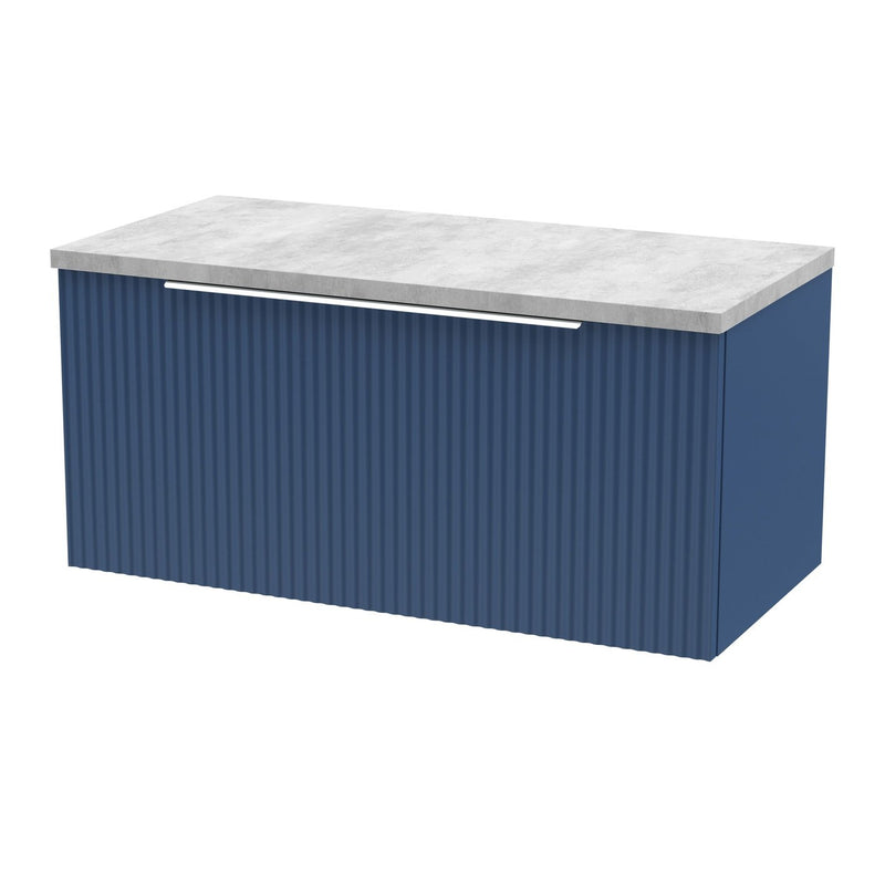 Hudson Reed Fluted Wall Hung 800mm Vanity Unit With 1 Drawer & Worktop - Satin Blue & Bellato Grey Worktop