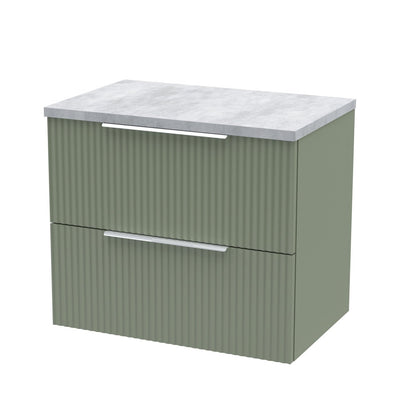 Hudson Reed Fluted Wall Hung 600mm Vanity Unit With 2 Drawers & Worktop - Satin Green & Bellato Grey Worktop
