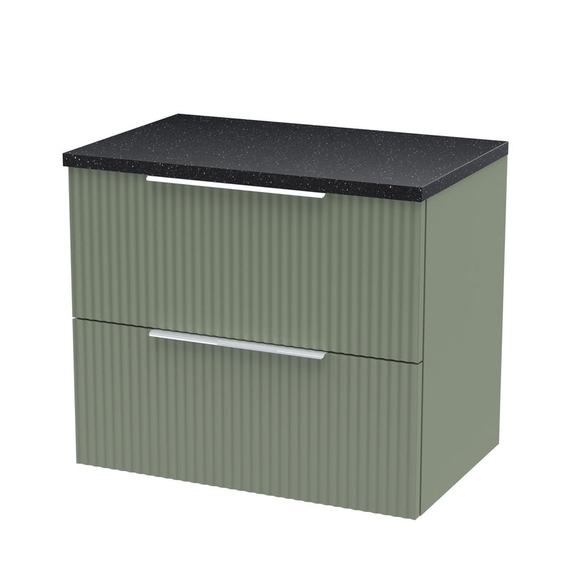 Hudson Reed Fluted Wall Hung 600mm Vanity Unit With 2 Drawers & Worktop - Satin Green & Black Sparkle Worktop