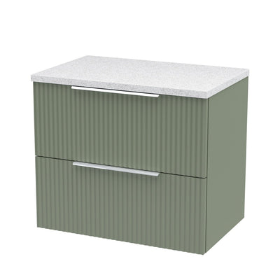 Hudson Reed Fluted Wall Hung 600mm Vanity Unit With 2 Drawers & Worktop - Satin Green & White Sparkle Worktop