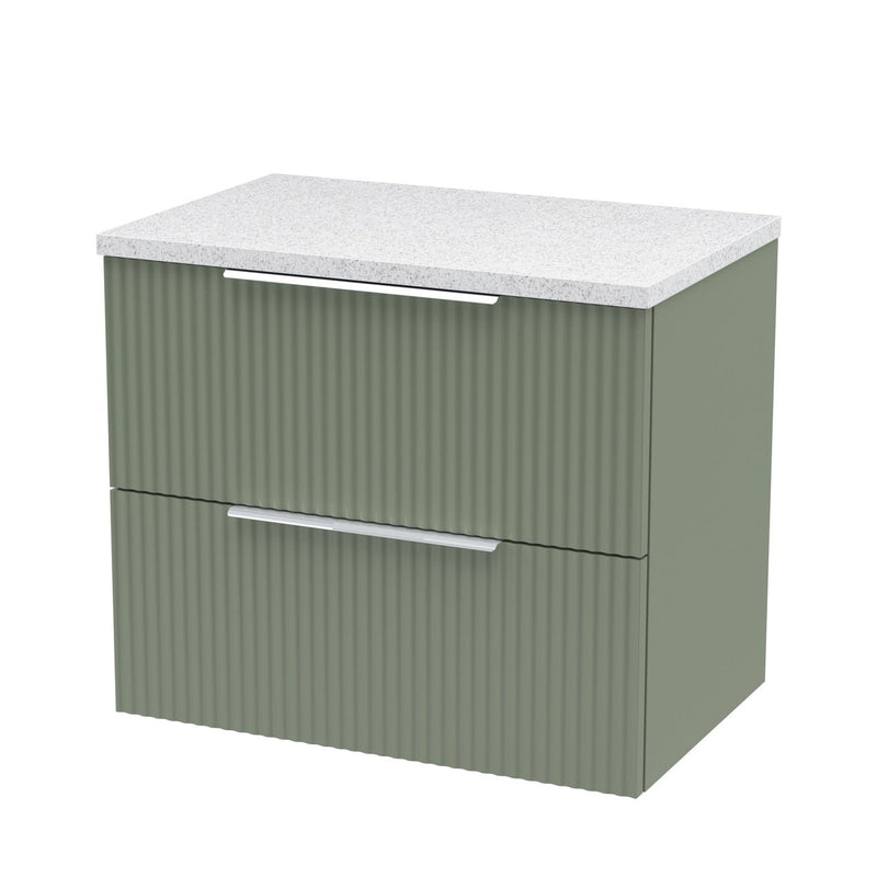 Hudson Reed Fluted Wall Hung 600mm Vanity Unit With 2 Drawers & Worktop - Satin Green & White Sparkle Worktop