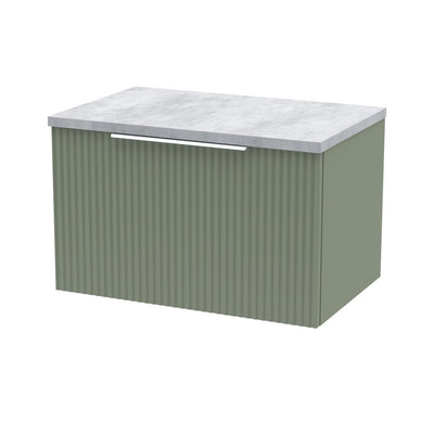 Hudson Reed Fluted Wall Hung 600mm Vanity Unit With 1 Drawer & Worktop - Satin Green & Bellato Grey Worktop
