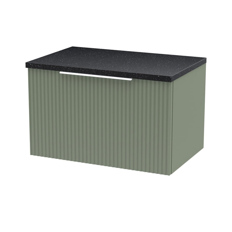 Hudson Reed Fluted Wall Hung 600mm Vanity Unit With 1 Drawer & Worktop - Satin Green & Black Sparkle Worktop
