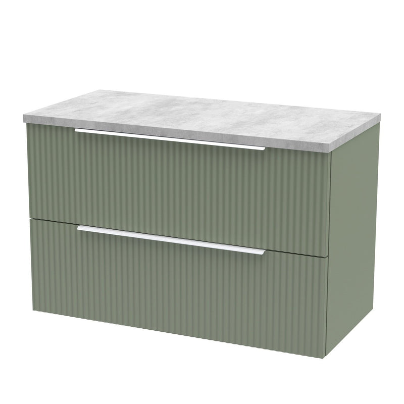 Hudson Reed Fluted Wall Hung 800mm Vanity Unit With 2 Drawers & Worktop - Satin Green & Bellato Grey Worktop