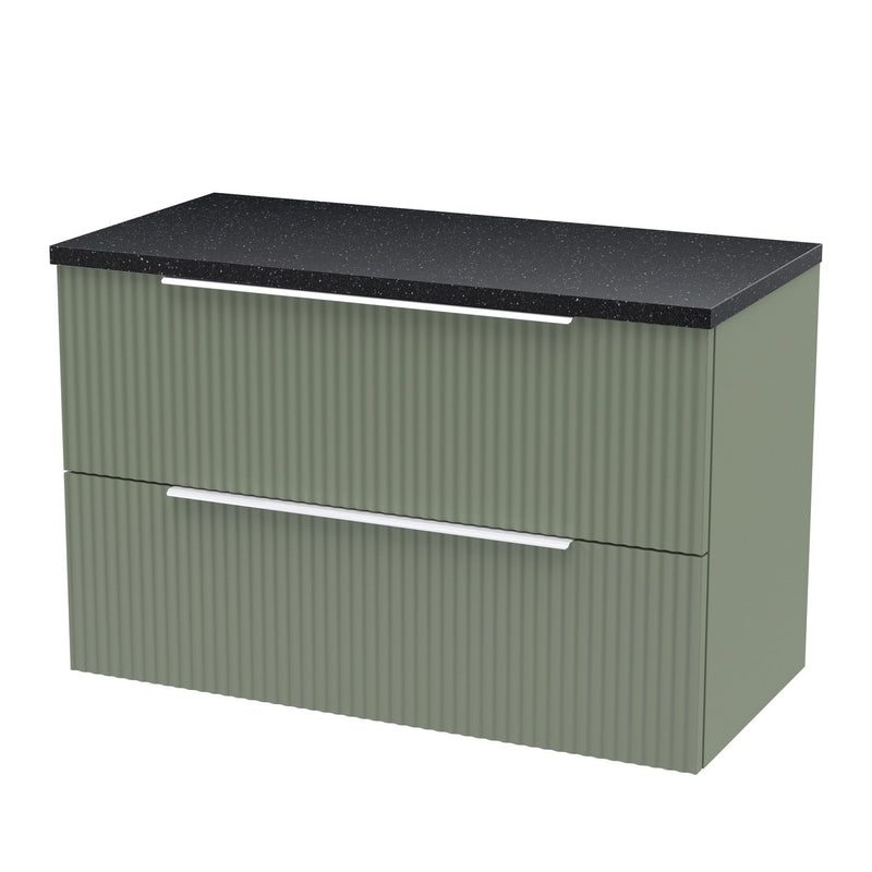 Hudson Reed Fluted Wall Hung 800mm Vanity Unit With 2 Drawers & Worktop - Satin Green & Black Sparkle Worktop